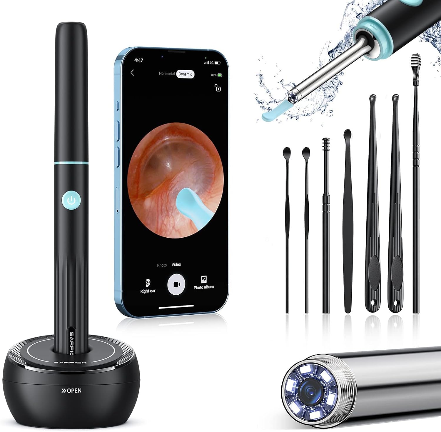 FOXCART Ear Wax Removal Tool Camera front view showcasing the sleek black handheld device and wireless charging base.