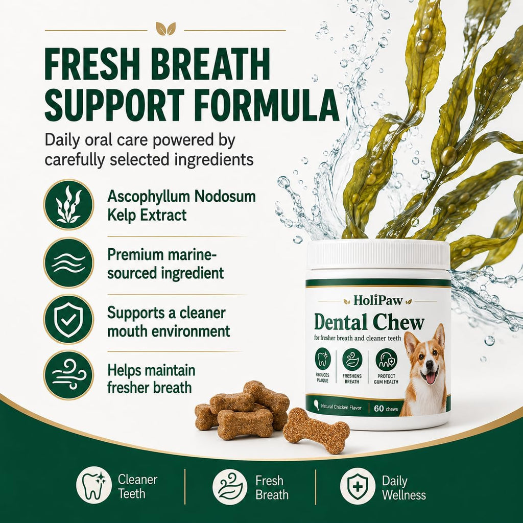 Dog dental supplement with kelp extract and probiotics for plaque control