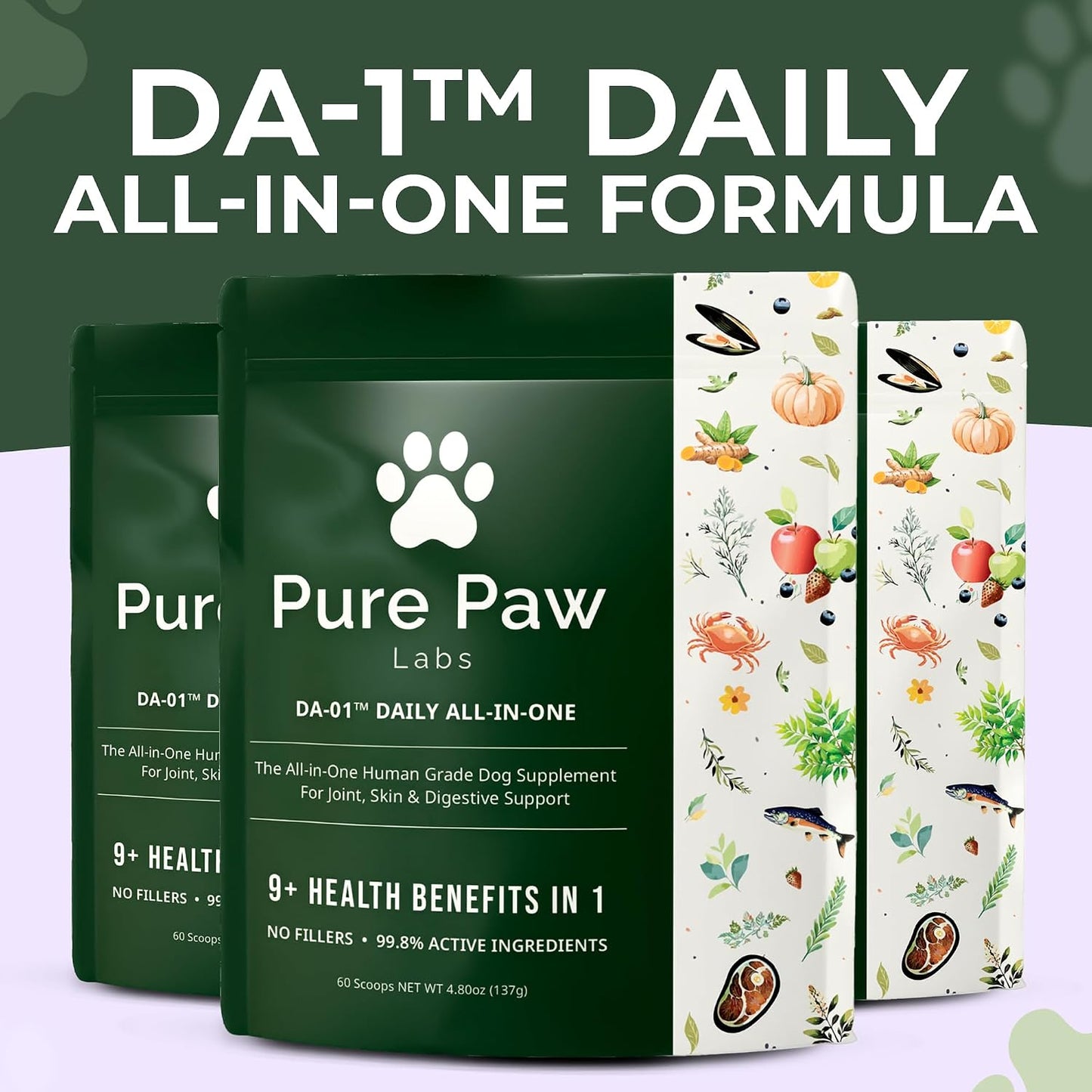 Pure Paw Labs daily pet multivitamin bag displaying joint support nutrients like glucosamine and hyaluronic acid.