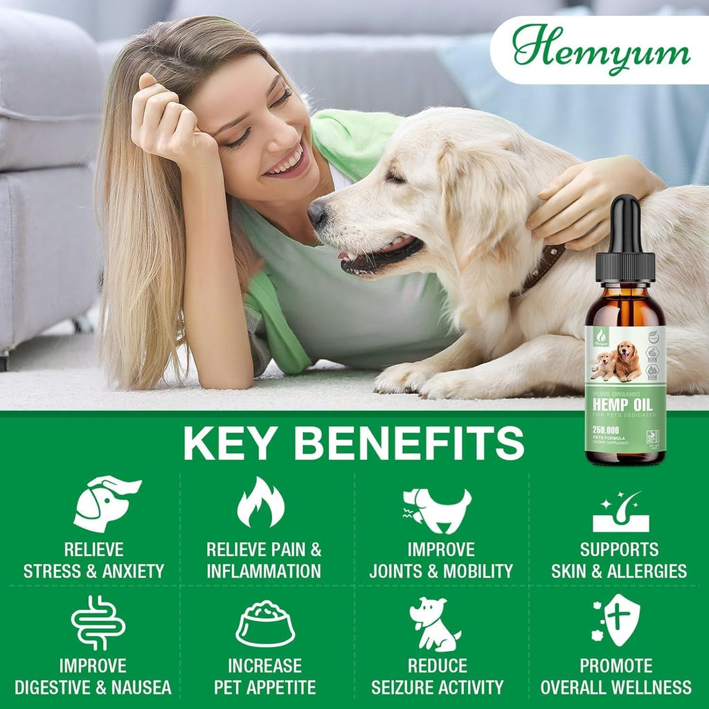 Hemyum pet hemp calming drops bottle showing dropper design