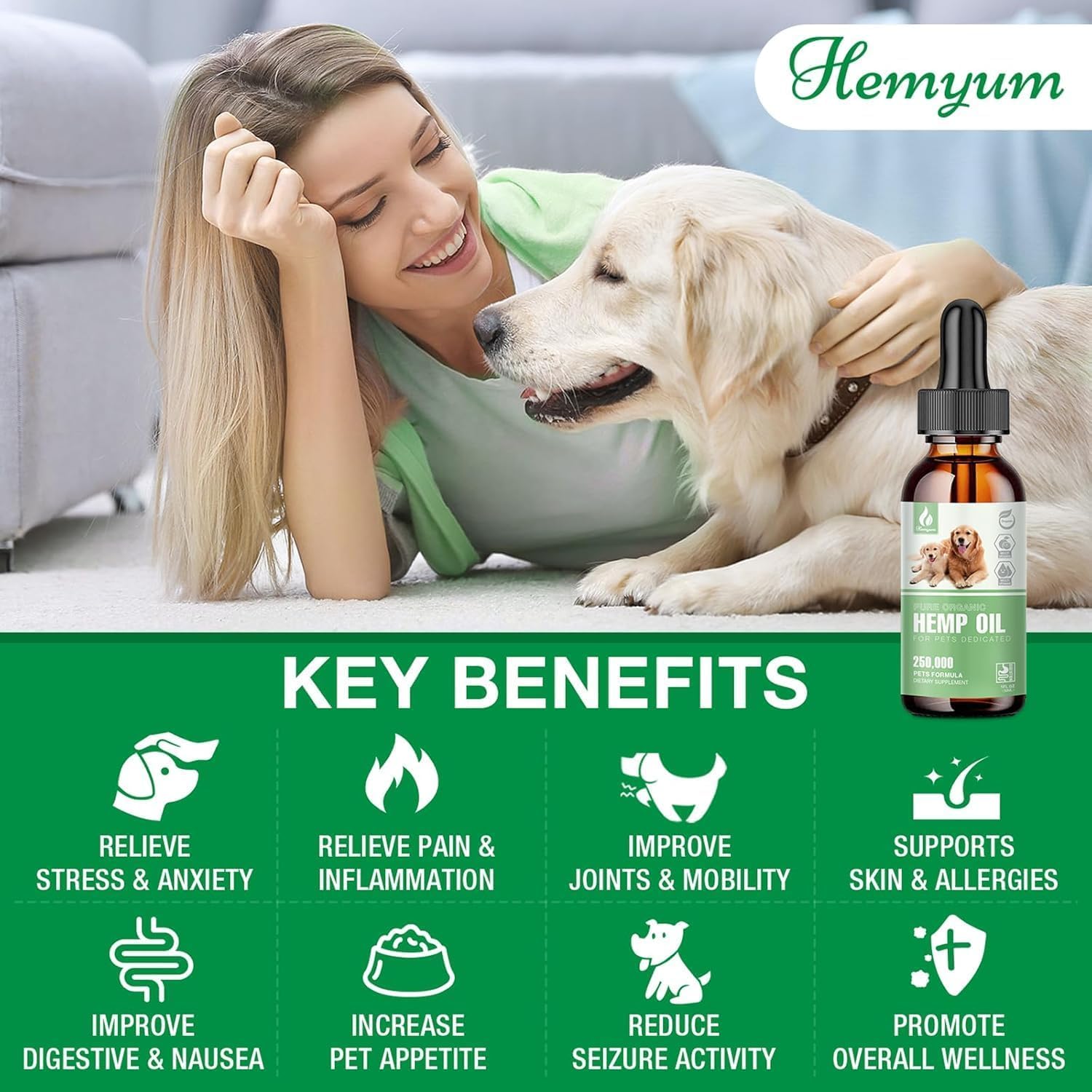 Hemyum pet hemp calming drops bottle showing dropper design