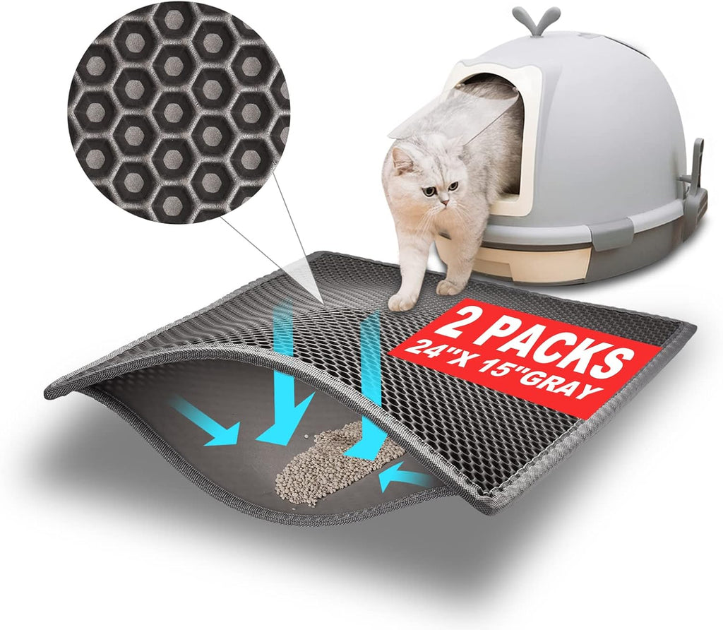 Packaging view of the two piece Pieviev gray litter mats highlighting the thirty by twenty four inch dimensions.