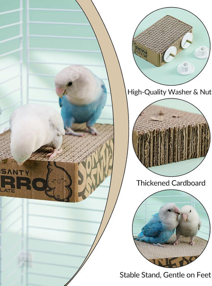 Budgie chewing toy and resting platform with secure knob fasteners.