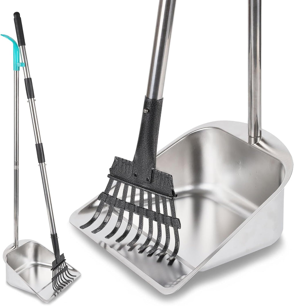 Indiedouker dog pooper scooper front view featuring heavy duty stainless steel rake and large capacity tray for yard pet waste cleanup.