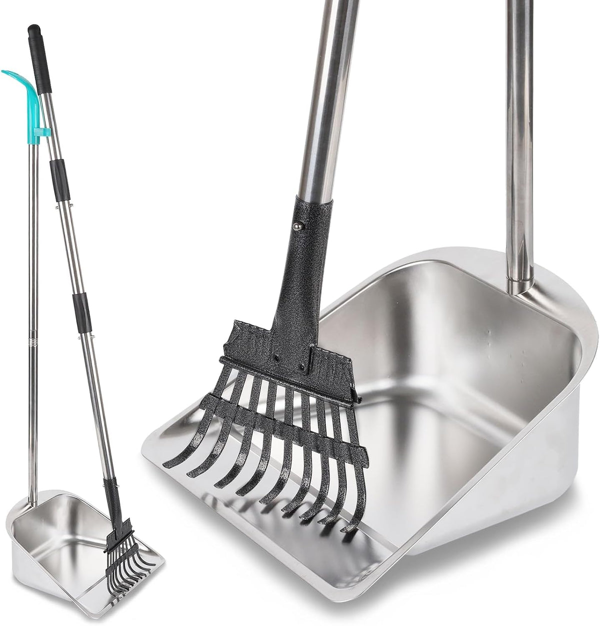Indiedouker dog pooper scooper front view featuring heavy duty stainless steel rake and large capacity tray for yard pet waste cleanup.