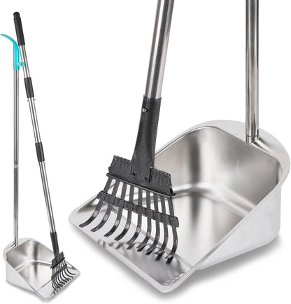 Indiedouker dog pooper scooper front view featuring heavy duty stainless steel rake and large capacity tray for yard pet waste cleanup.