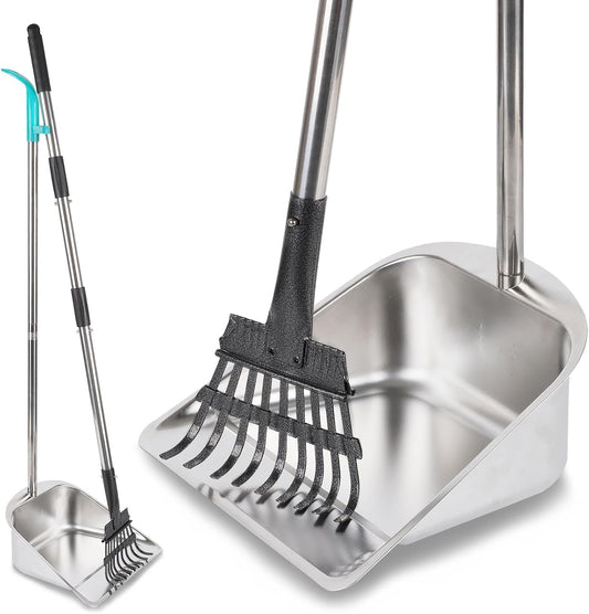 Indiedouker dog pooper scooper front view featuring heavy duty stainless steel rake and large capacity tray for yard pet waste cleanup.