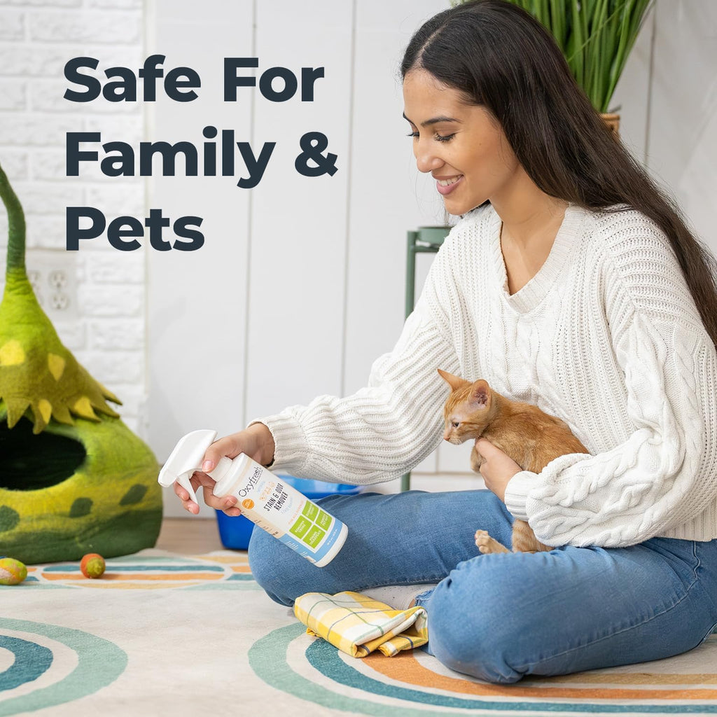 Oxyfresh pet stain remover cleaning unexpected vomit and poop messes on fabric couch.