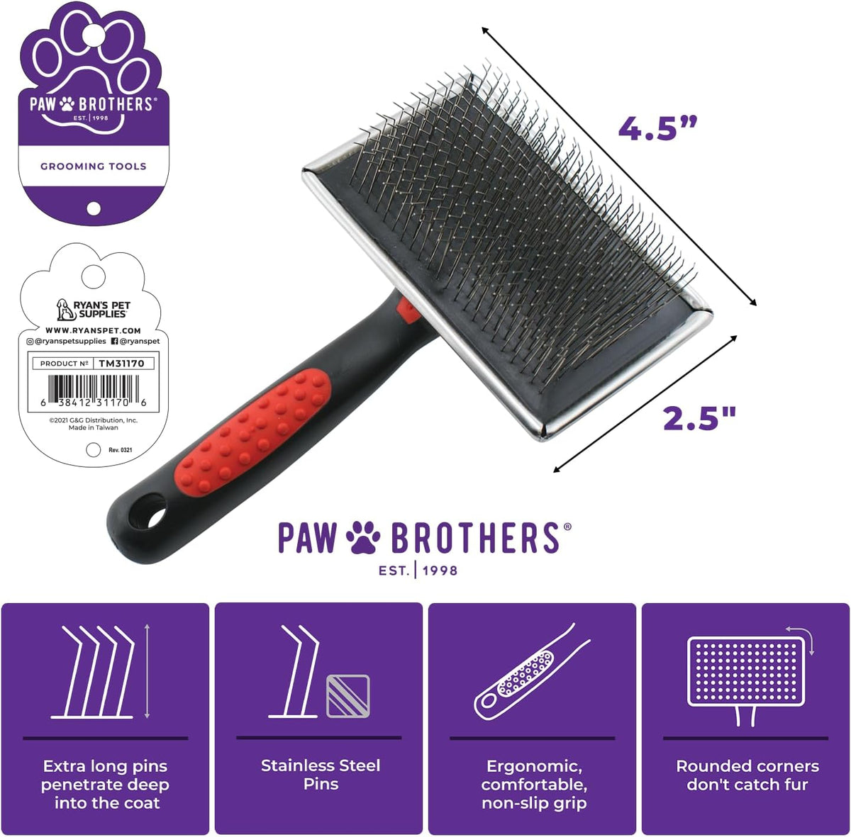 Hard pin flat slicker brush for dogs close up of ergonomic comfortable handle
