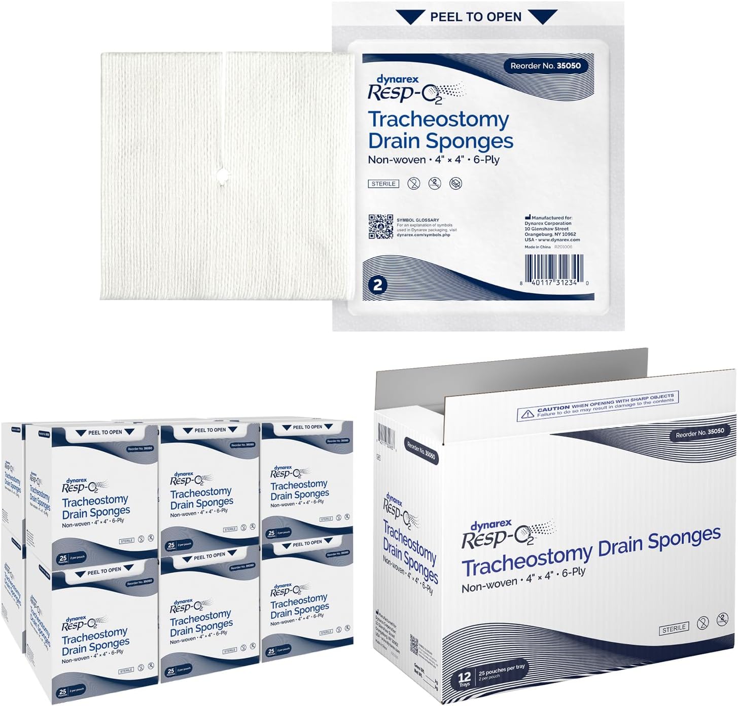 Dynarex 35050 Tracheostomy Drain Sponge front view sterile medical packaging