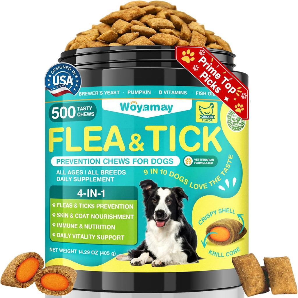 Woyamay 4-IN-1 Flea and Tick Prevention for Dogs front packaging showing 500 crunchy chews product for pet pest protection.