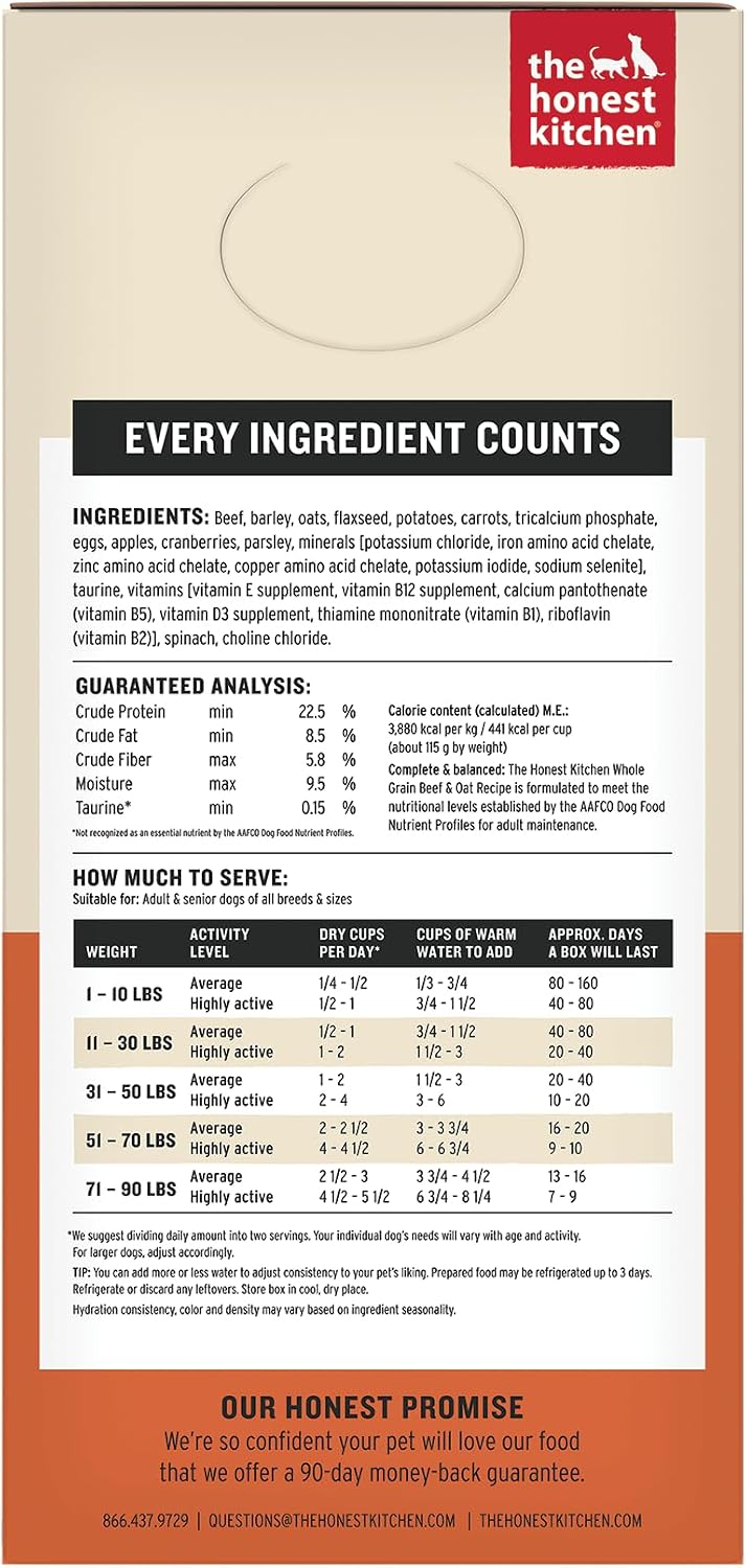 The Honest Kitchen dog food box showing ranch raised beef ingredient imagery