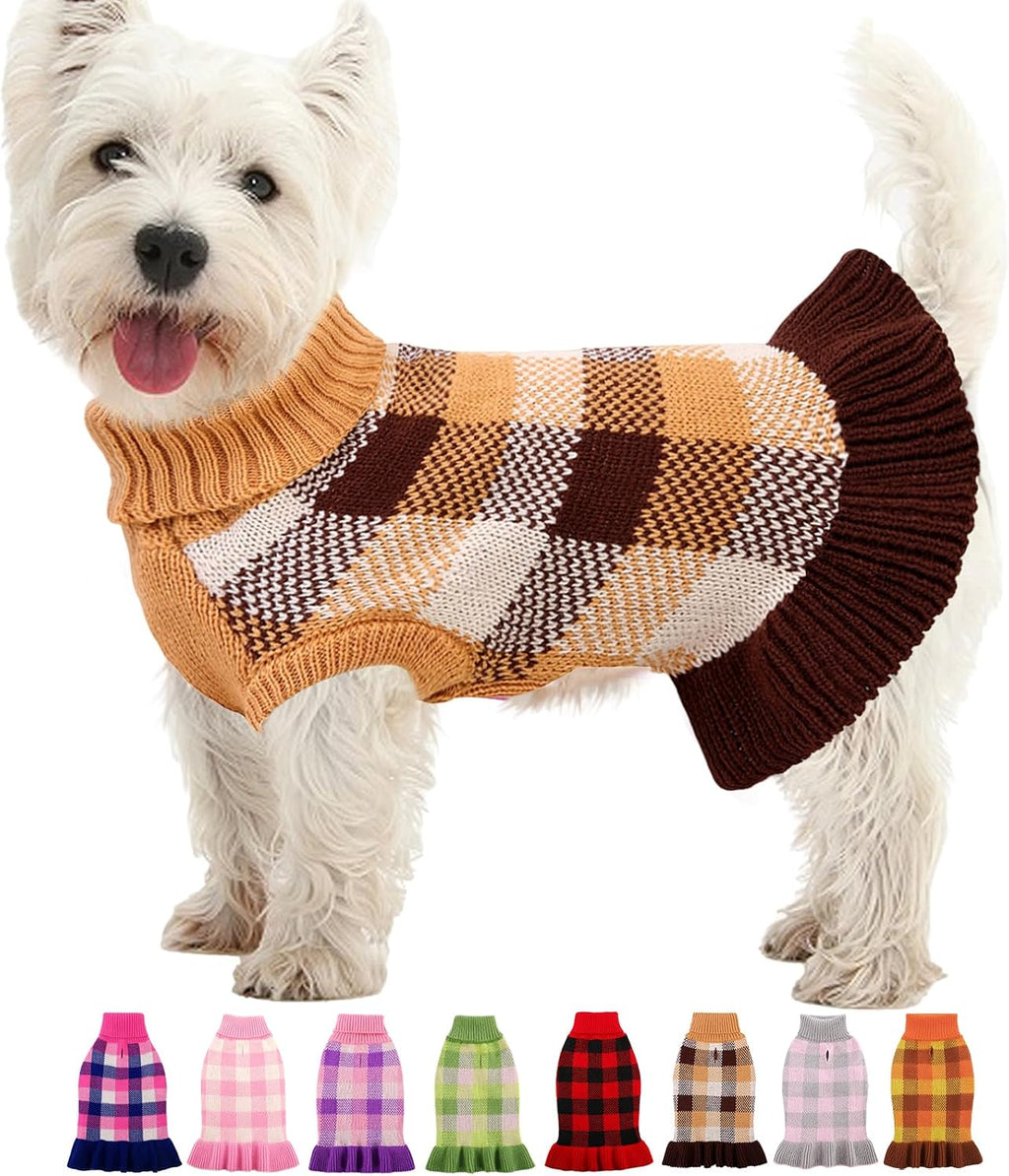 Dog Sweater Dress Plaid Knitwear for Small Medium Dogs Warm Puppy Pet Turtleneck Stretch Pullover Cute Fall Winter Vest Clothes with Leash Hole for Christmas (Pink, XS) - Image 13