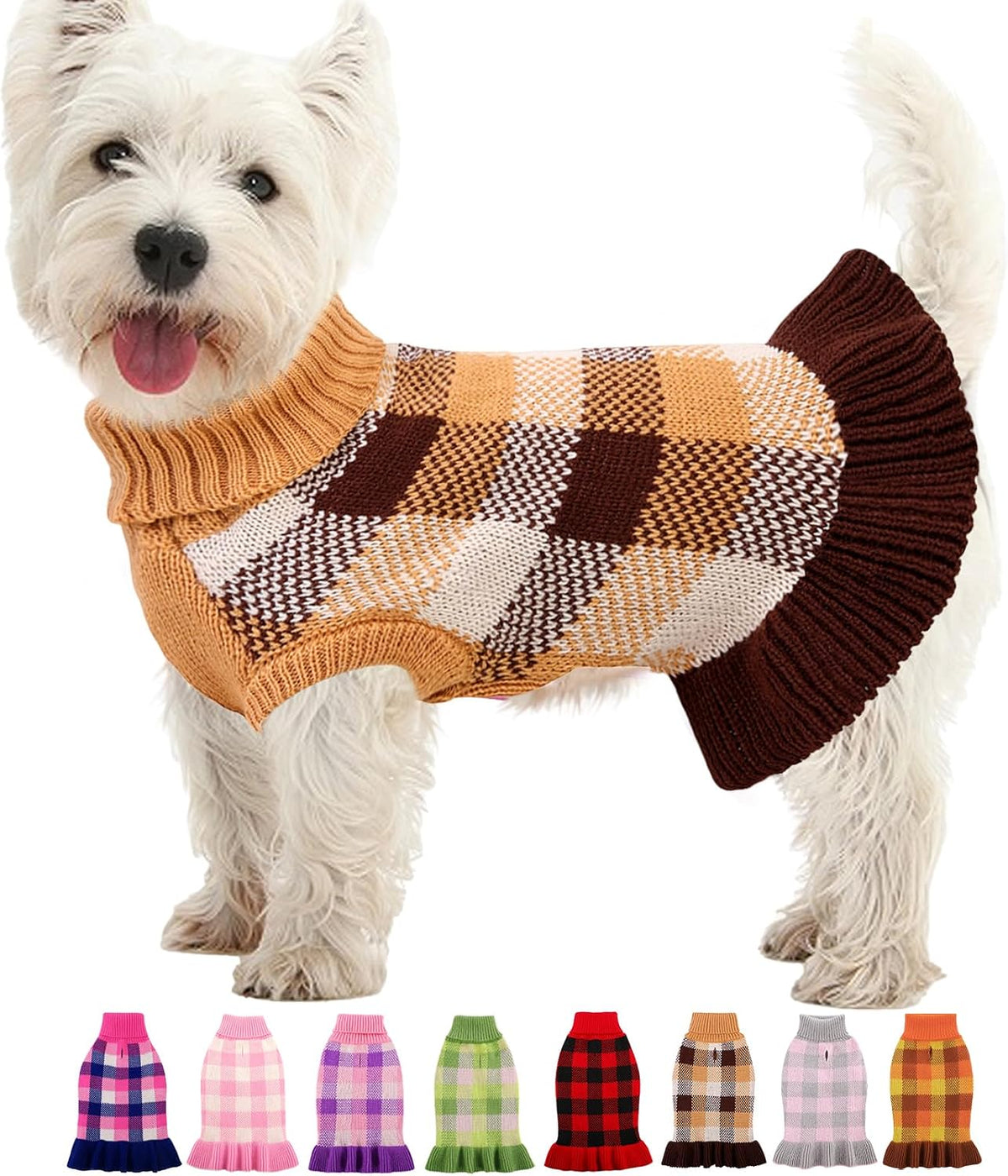 Dog Sweater Dress Plaid Knitwear for Small Medium Dogs Warm Puppy Pet Turtleneck Stretch Pullover Cute Fall Winter Vest Clothes with Leash Hole for Christmas (Pink, XS) - Image 13