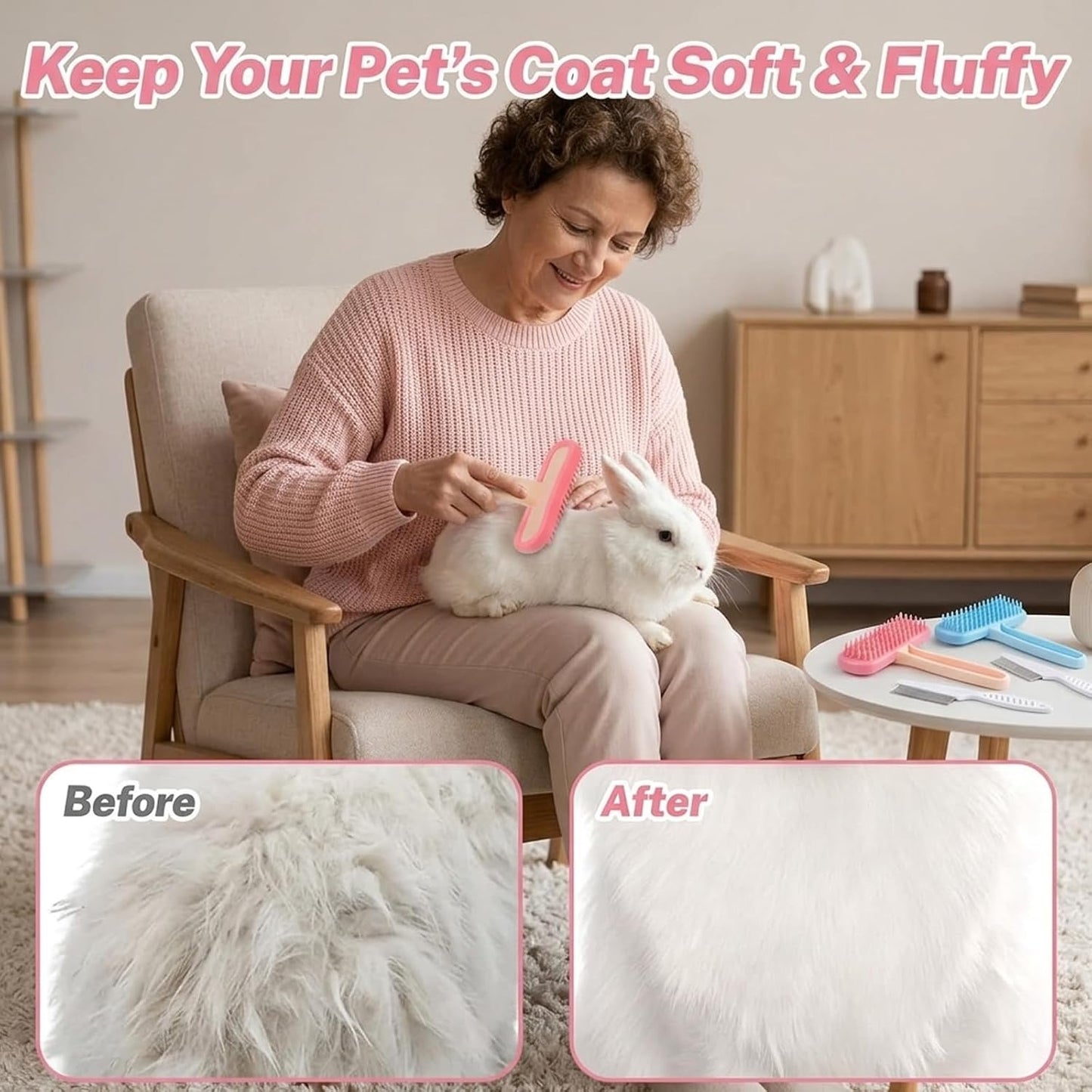 Four piece bunny grooming tools kit used during pet bath time