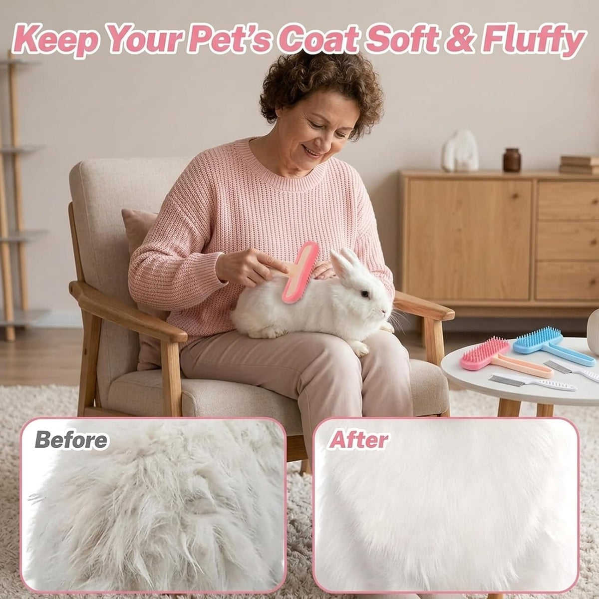 Four piece bunny grooming tools kit used during pet bath time