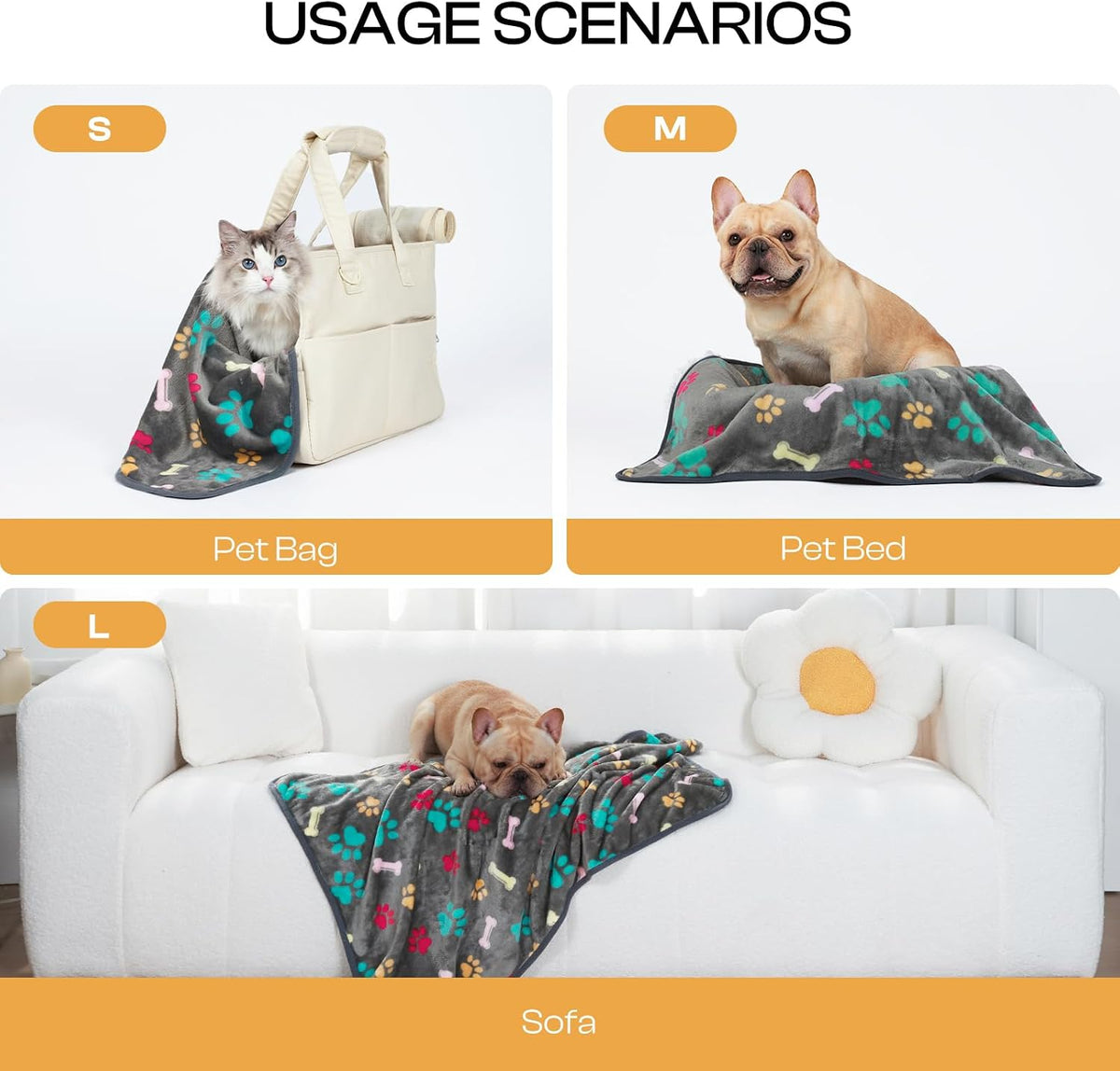 Luciphia paw printed flannel pet throw blanket set in grey brown blue colors