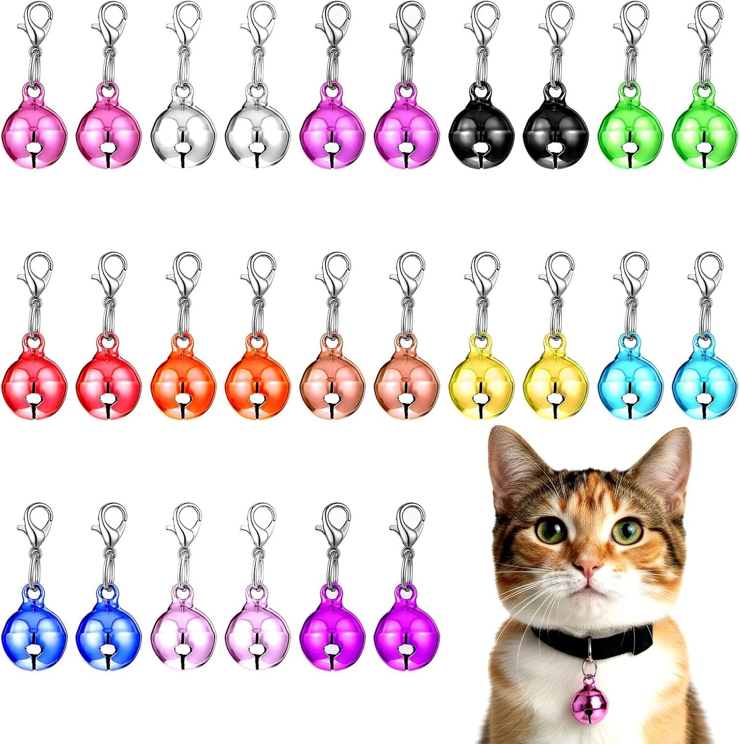 HJZHII 26 Piece Cat Collar Bell pack showcasing a front view of diverse colorful metal pet charms.