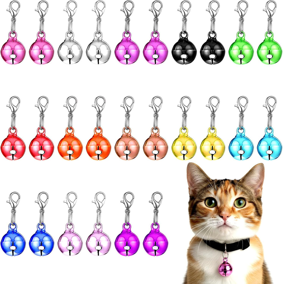 HJZHII 26 Piece Cat Collar Bell pack showcasing a front view of diverse colorful metal pet charms.