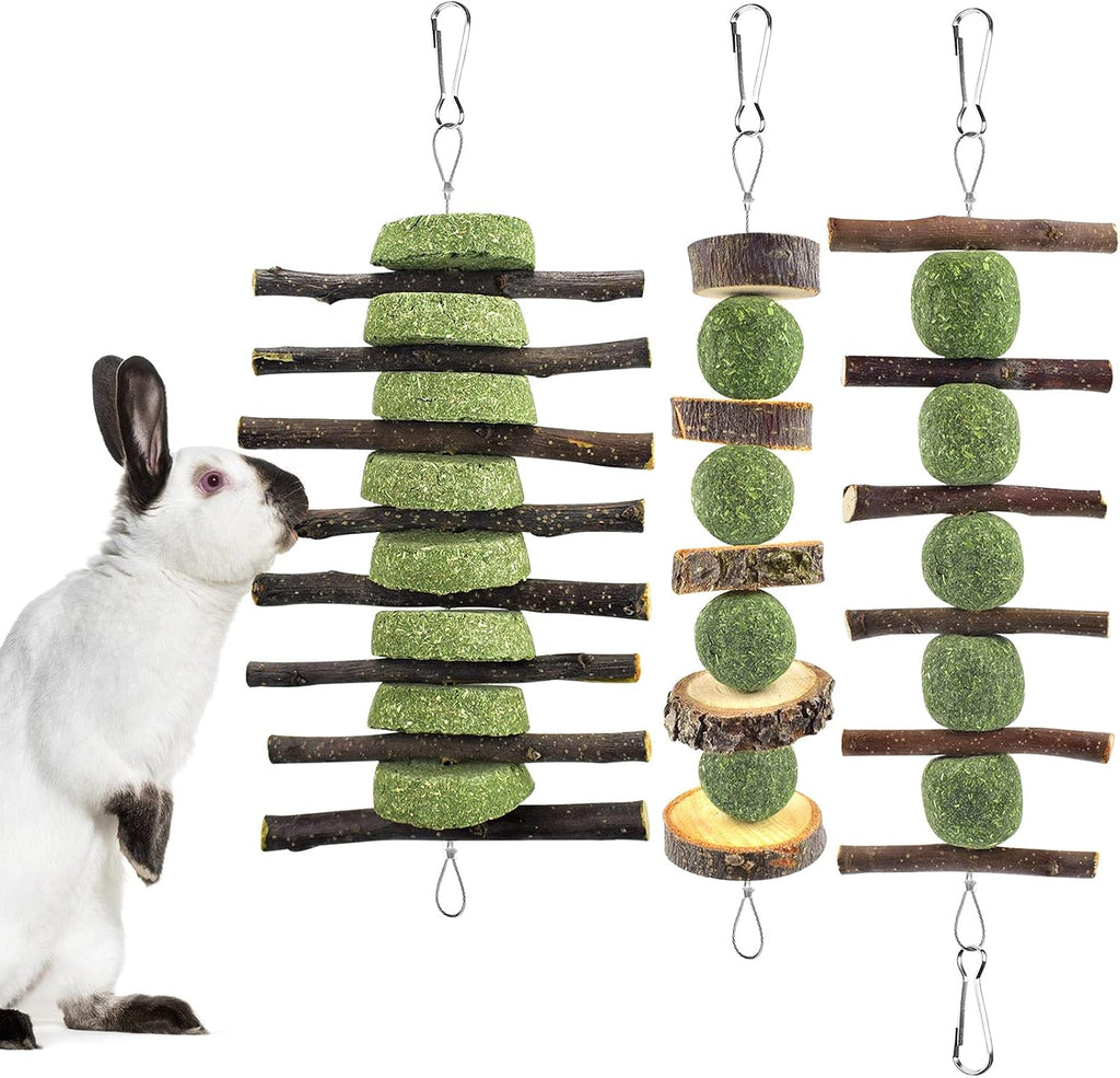 Erkoon bunny chew toys front view showing apple wood and timothy grass cakes.
