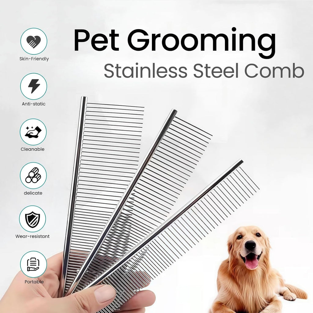 Three stainless steel pet combs in large medium and small sizes