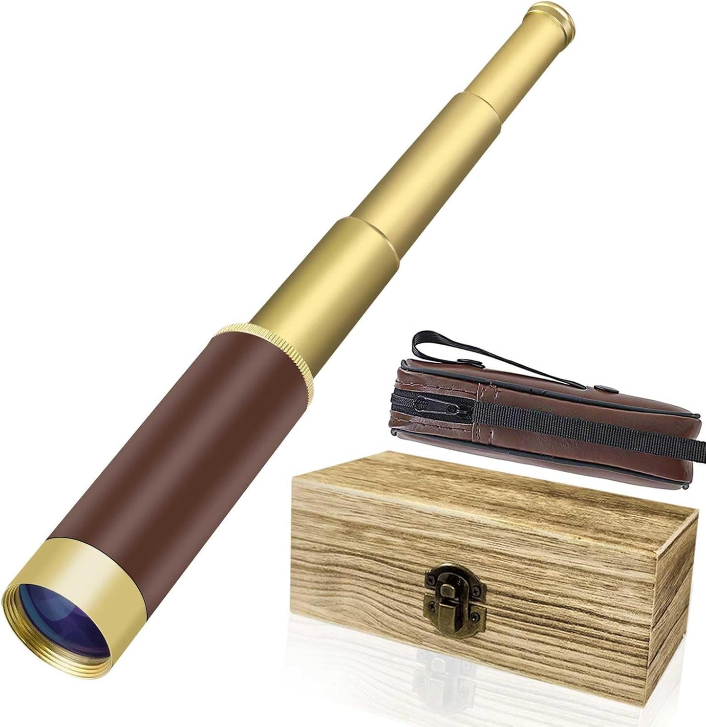 Aubric Pirate Monocular Telescope front view showing gold plating and leather handle