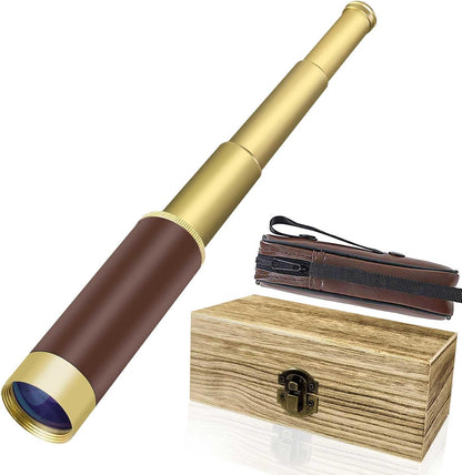 Aubric Pirate Monocular Telescope front view showing gold plating and leather handle