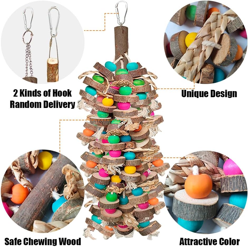 Eighteen inch handmade parrot bite toy featuring safe food grade colored wood blocks