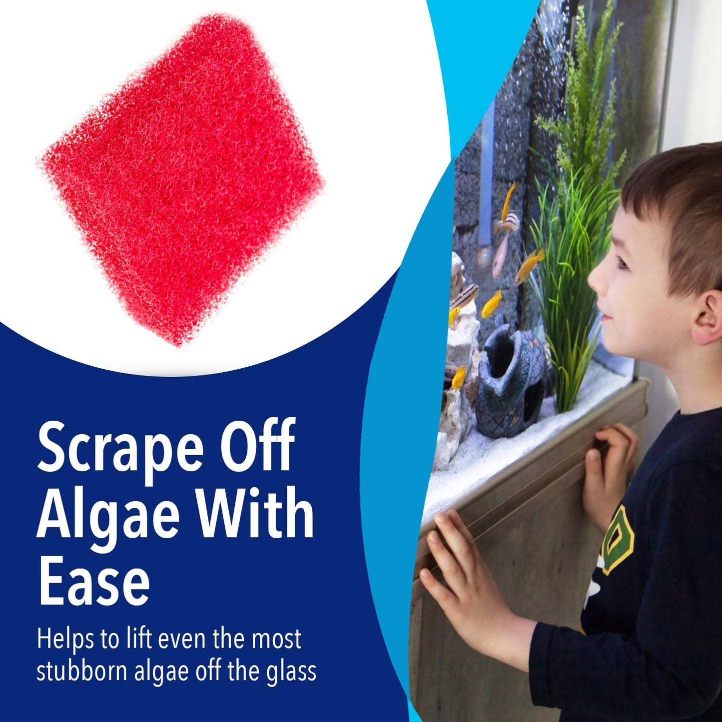 Red non scratch fish tank algae scrubber pad held in hand