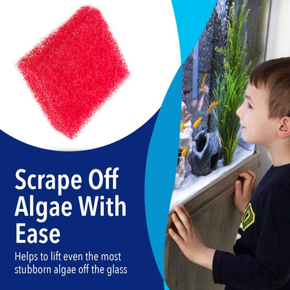 Red non scratch fish tank algae scrubber pad held in hand