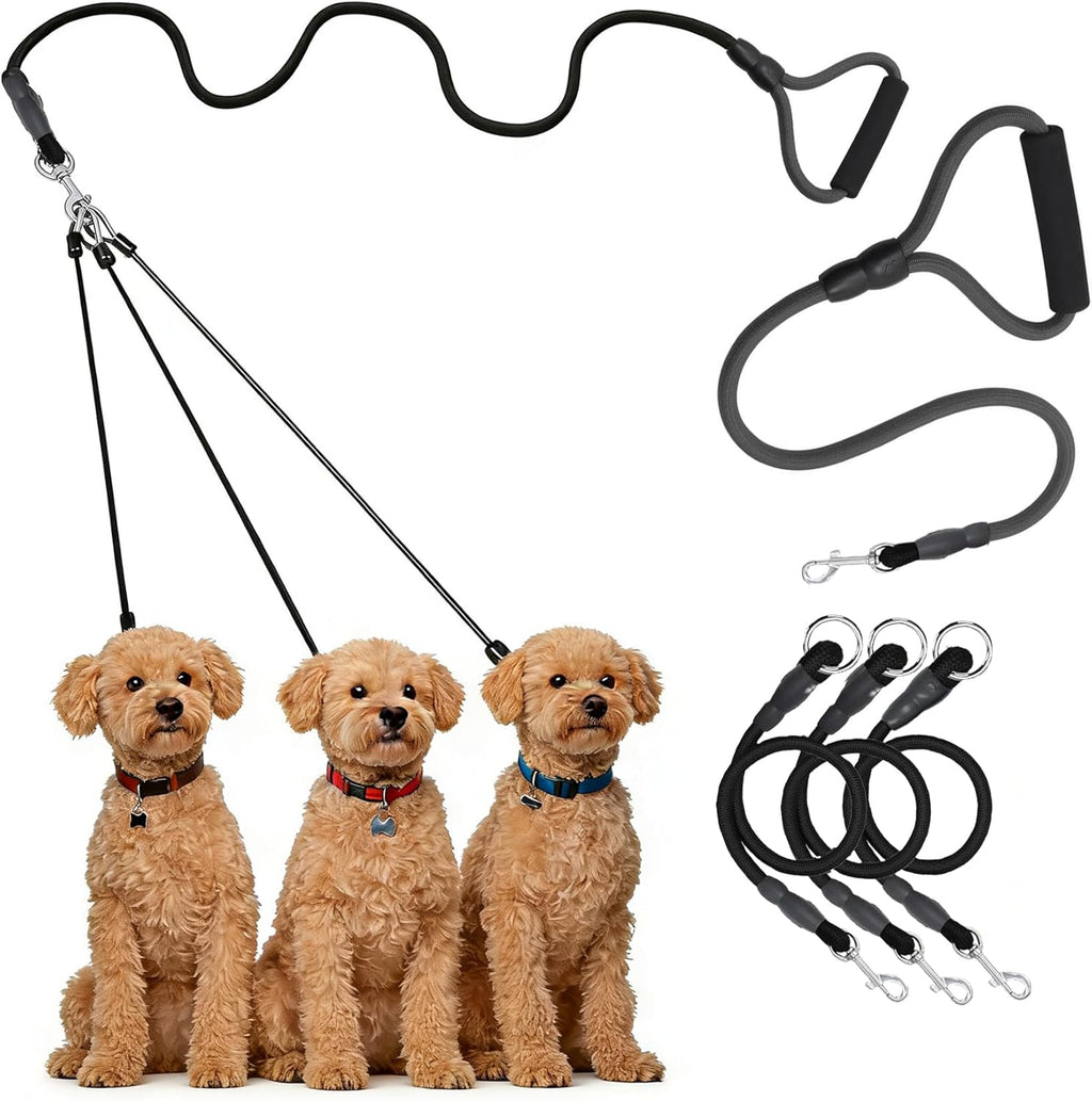 Estleys 3 dog leash front view showing padded handle and triple couplers