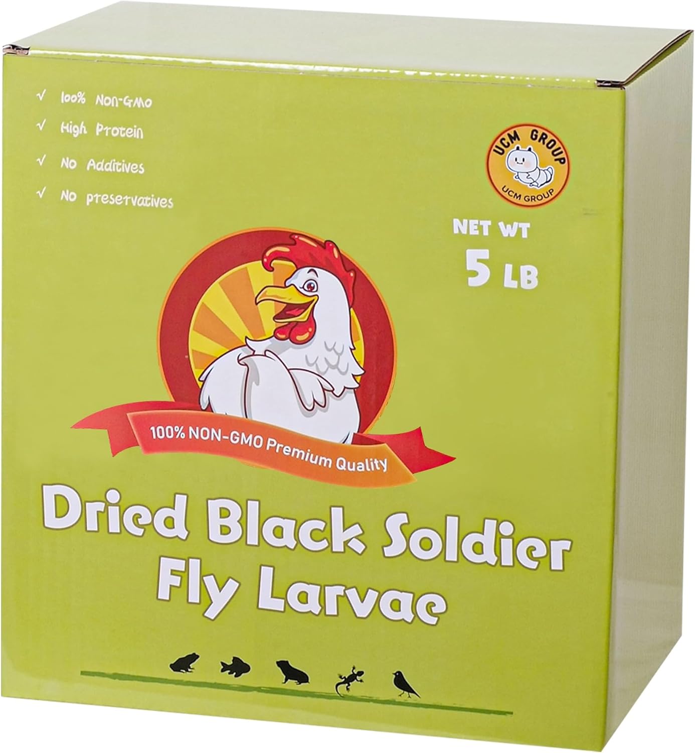 UCM Group Dried Black Soldier Fly Larvae five pound box front view high protein poultry treat.