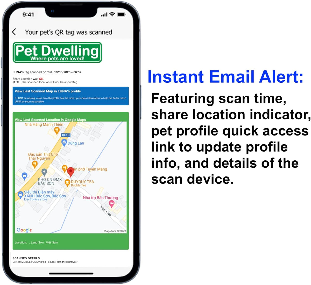 Close up view of the unique QR barcode and activation code printed on a smart pet tag.