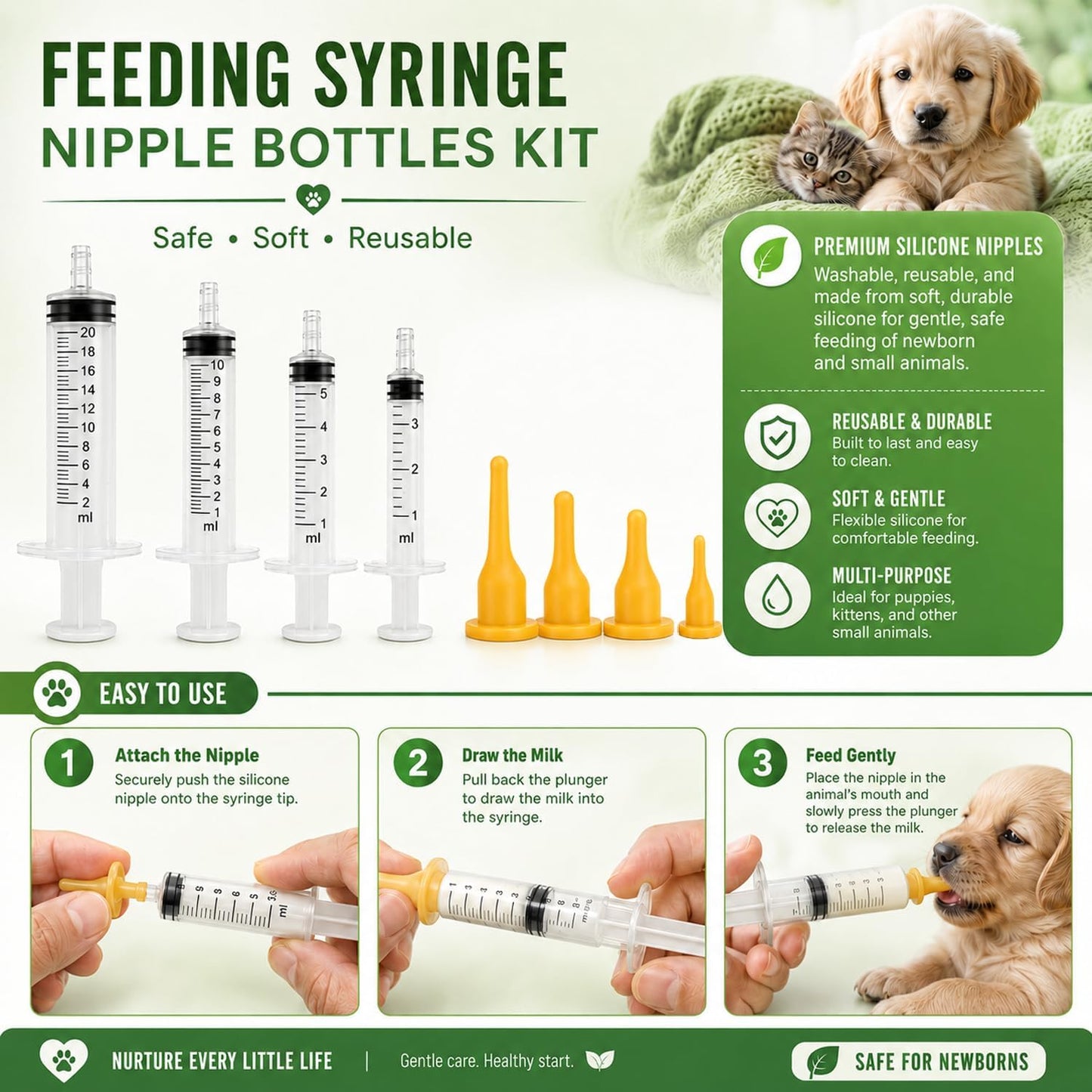 Kewen pet birthing kit accessories including feeding bottle and colorful identification collars