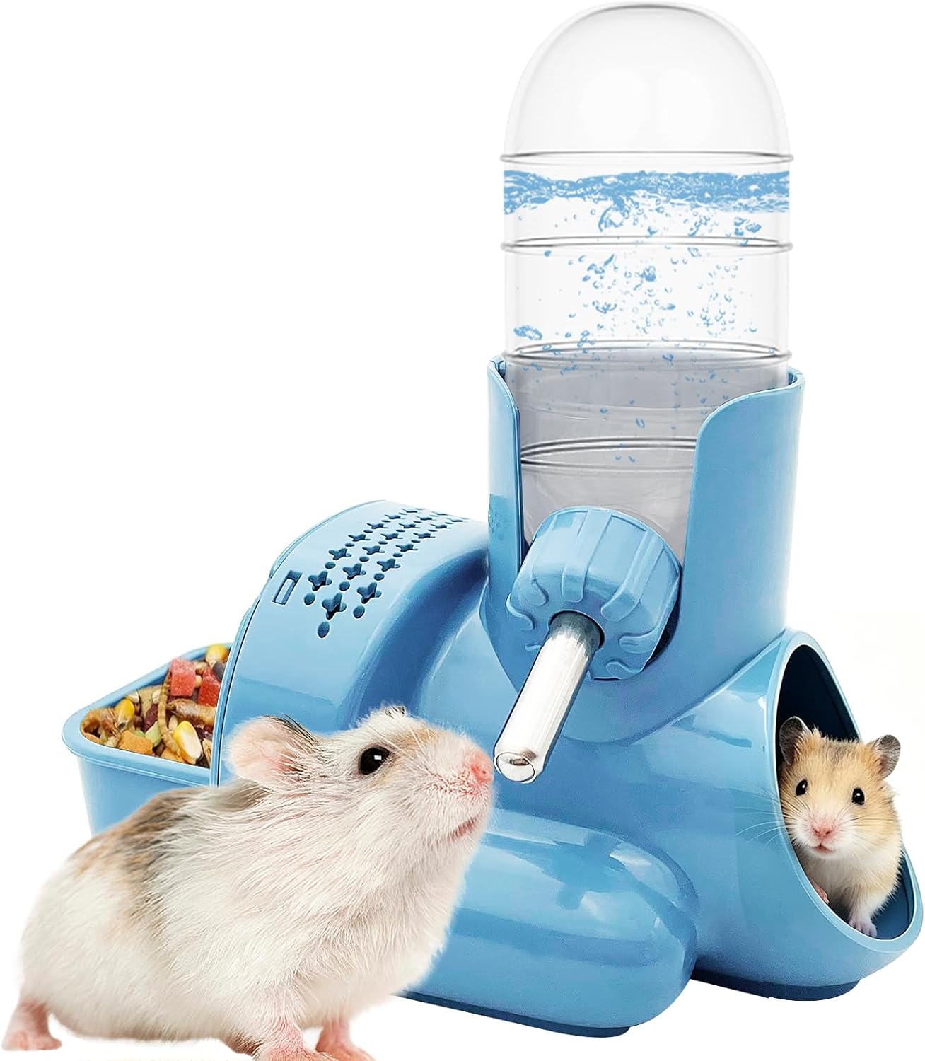 VANNON 3 in 1 Hamster Water Bottle No Drip Small Animal Water Bottle Automatic Bottle Dispenser with Food Container Base Hut and Hideout Base 4oz/120ml,Leekproof, BPA Free - Image 1