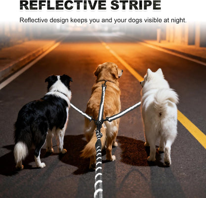 Durable nylon leash splitter system for three small medium or large dogs.