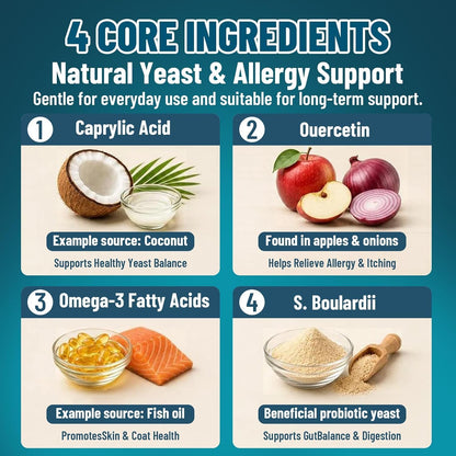 VICSOM dog yeast infection supplement label showing 4 in 1 formula ingredients