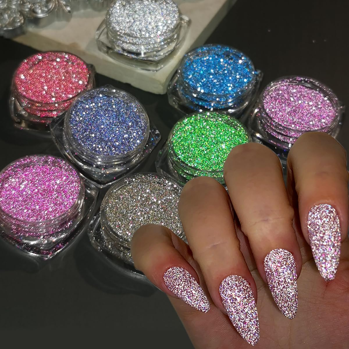 Thr3e Strokes 8 color reflective glitter powder set front view