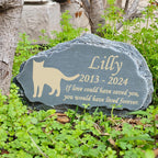Weatherproof cat tombstone showing permanent laser engraved name and dates details