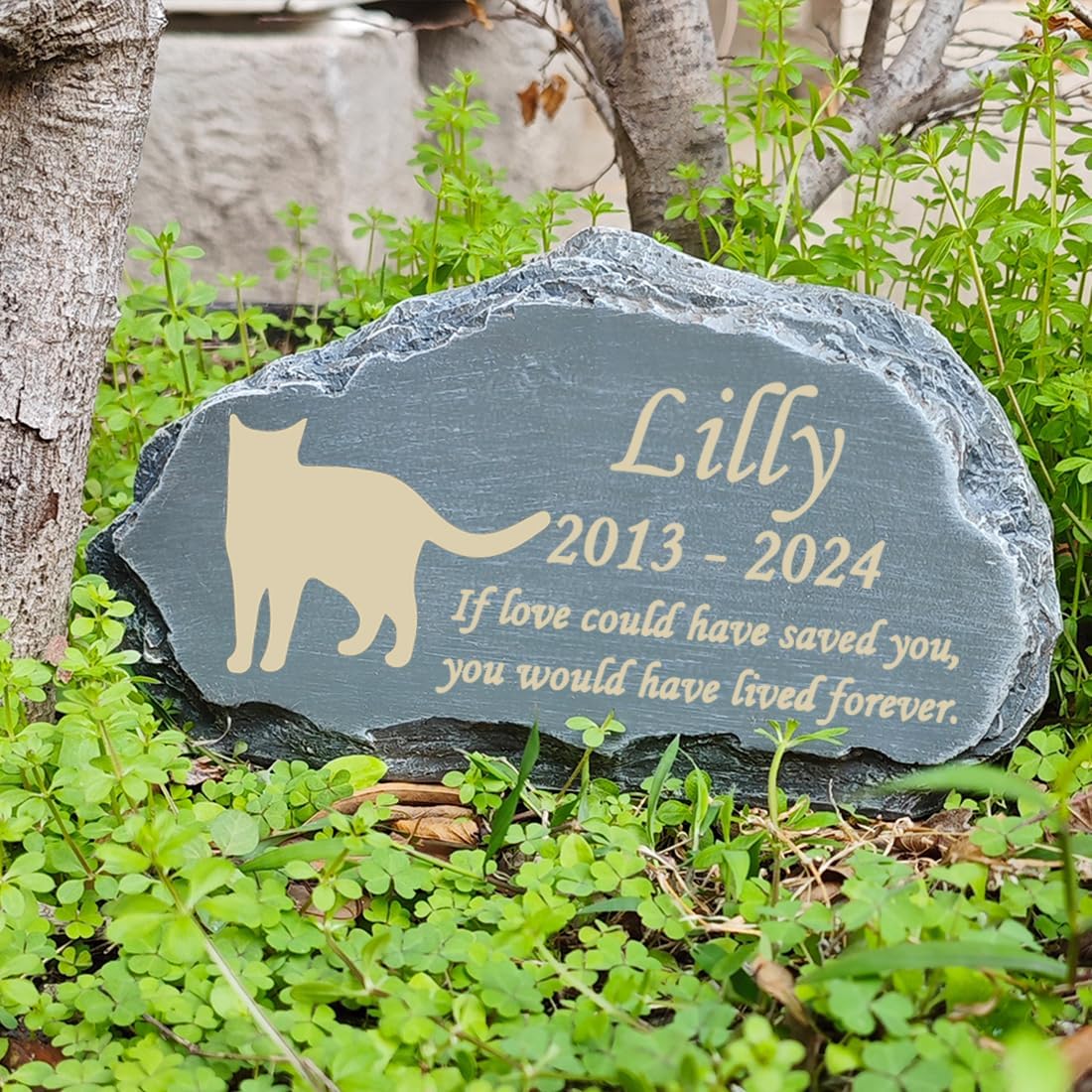 Weatherproof cat tombstone showing permanent laser engraved name and dates details