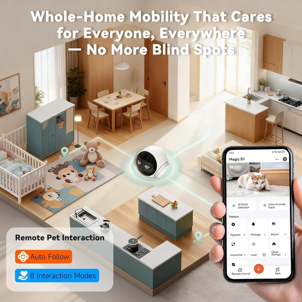 Smartphone app controlling pet camera robot