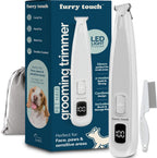 Furry Touch dog paw trimmer front view showing white cordless electric pet clipper design with ceramic blade.