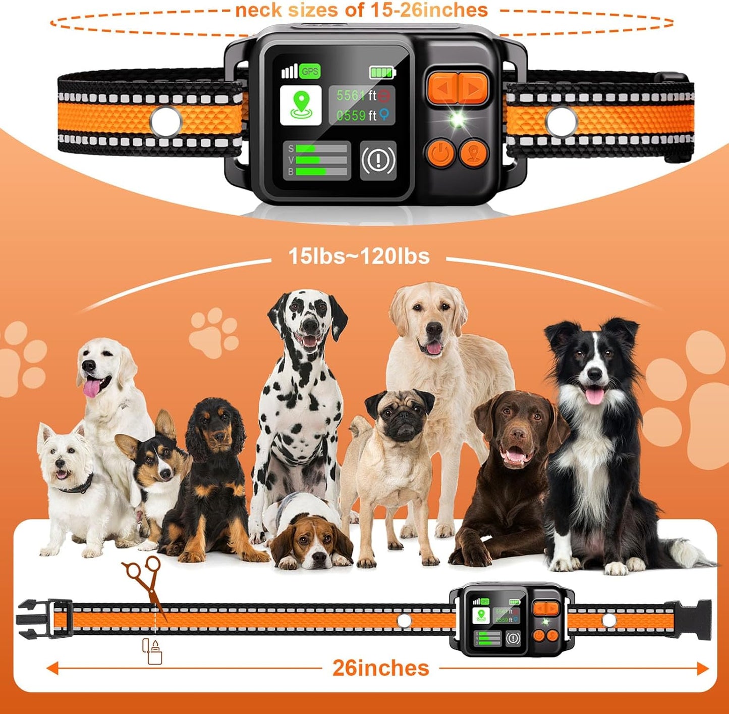 High visibility orange satellite pet collar emphasizing the digital tracking interface close up.