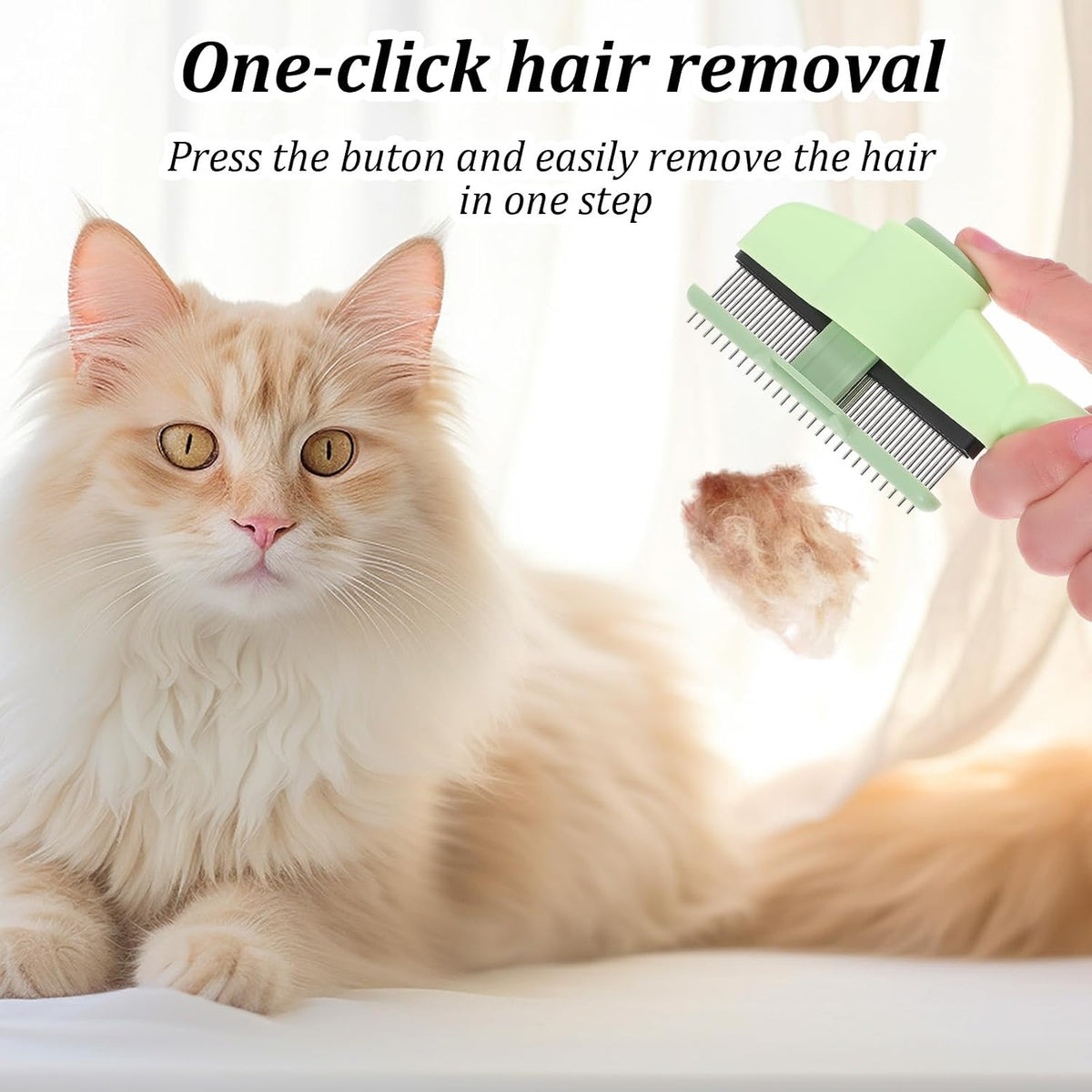 Oruola pet flea comb with retracted teeth demonstrating the easy one-button cleanup mechanism.