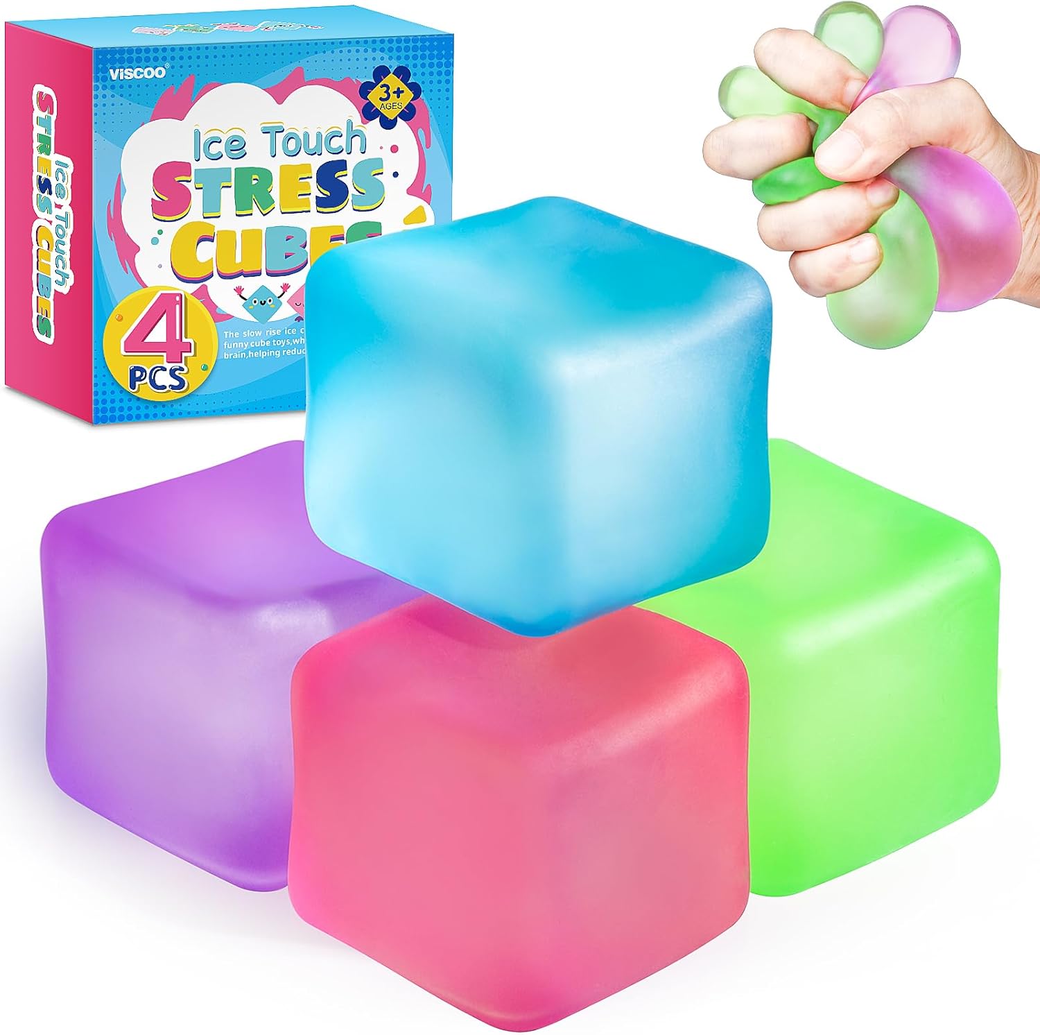 VISCOO 4 Pack Ice Cube Stress Balls front view showing four colorful square squishy toys inside premium packaging.