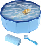 Enochainchin foldable bearded dragon bathtub front view showing the blue collapsible reptile pool expanded.