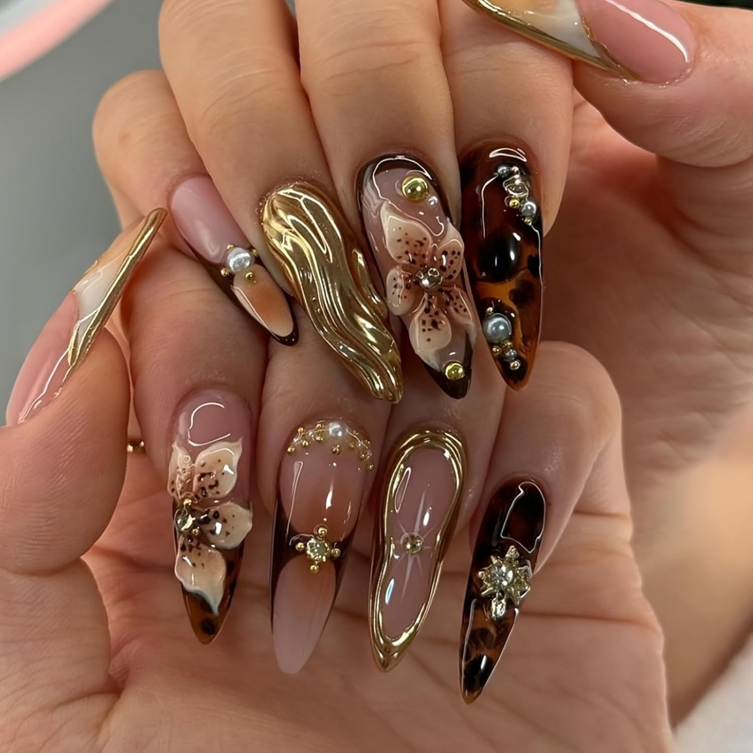 Ohwoda long almond press on nails front view brown flowers