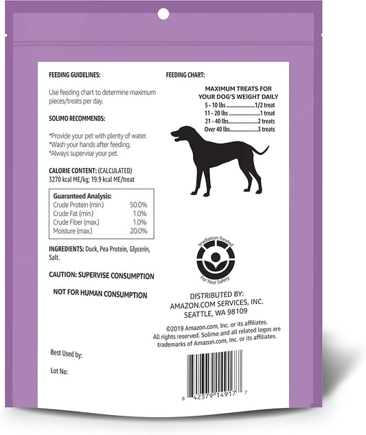 Close up of Solimo duck jerky strips for dogs