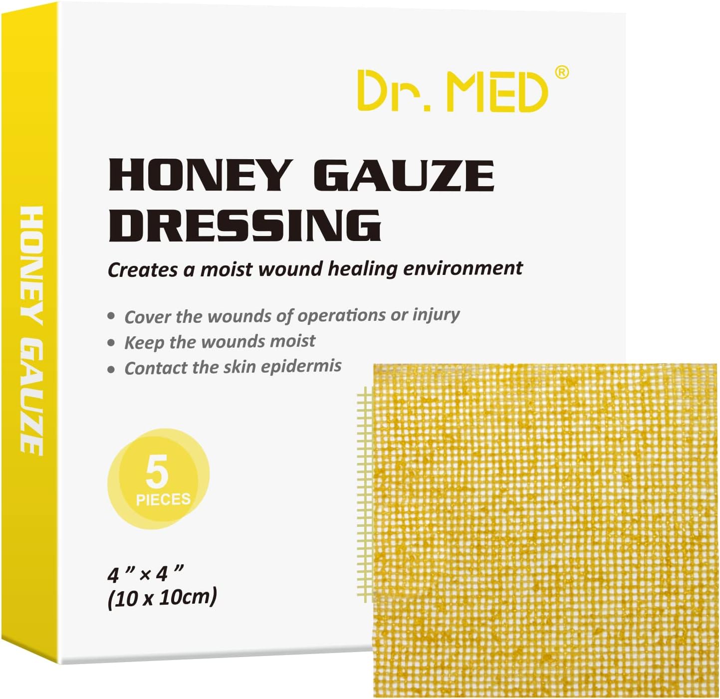 Dr. Med Manuka Honey Gauze Dressing 4" x 4", (5 PCS/Box) Honey Medical Bandage Wound Care Patch for Minor Abrasions, Cuts, Lacerations, Scald and Burns for Wound Healing, Chemical and Drug Free - Image 1