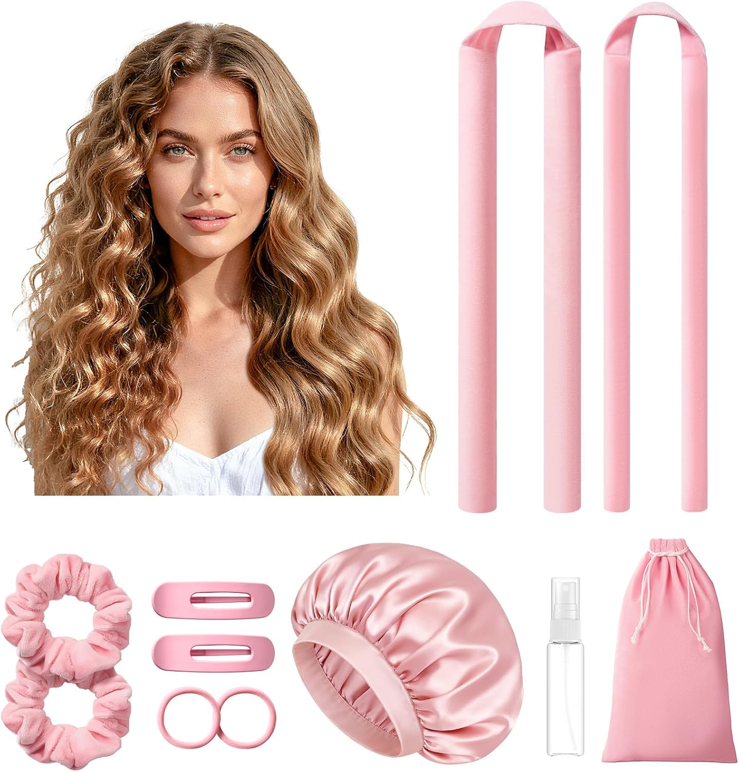 LitBear heatless curls overnight pink hair rollers front view of full packaging kit